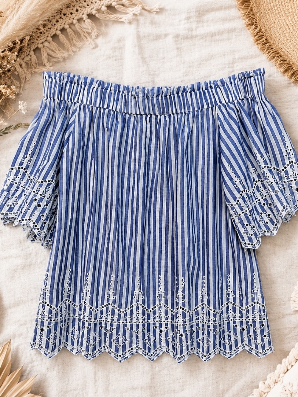 Off Shoulder Eyelet Embroidered Boho Blue White Stripe Coastal Boho Top Size 8